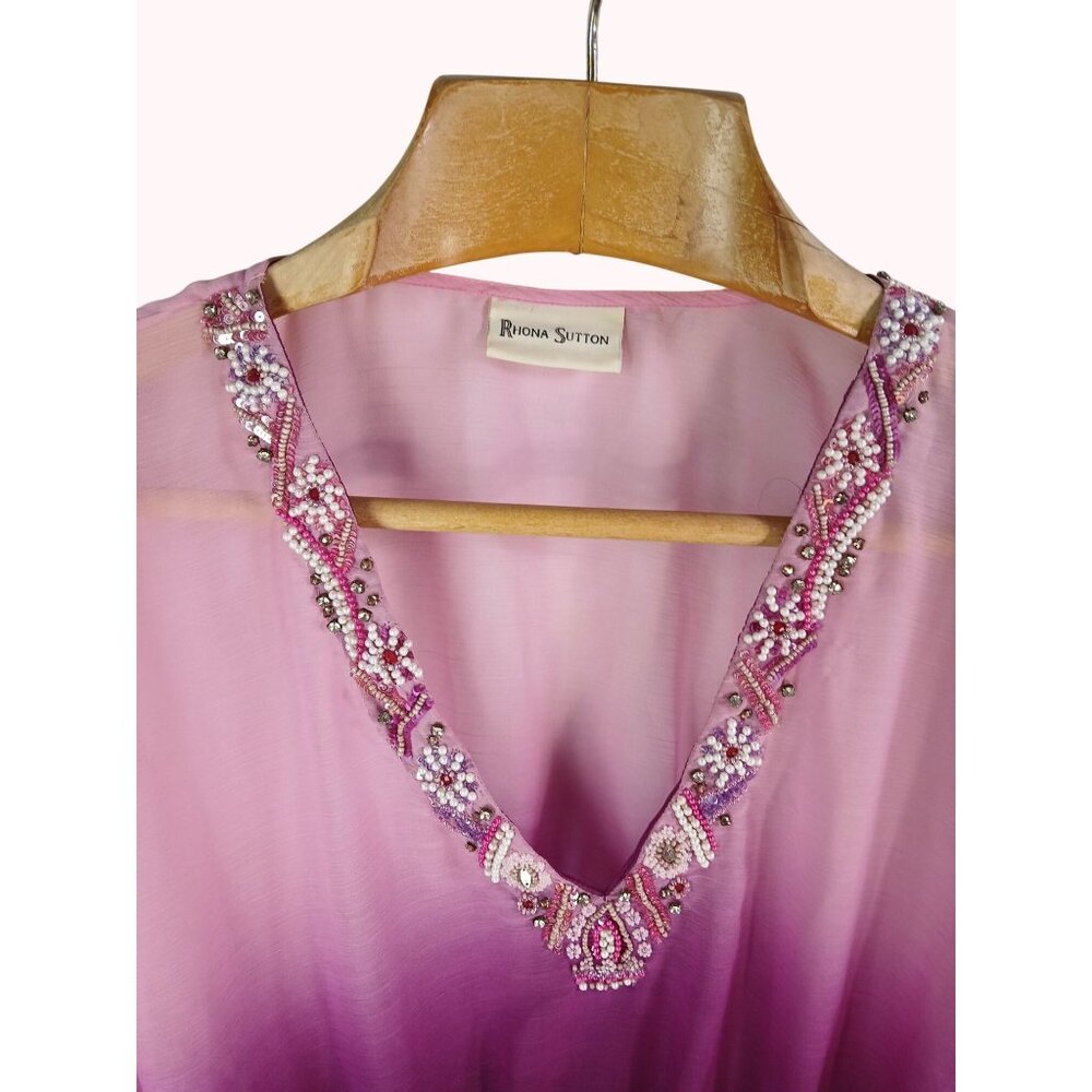 Rhona Sutton Ombre Pink Purple Beaded V Neck Sheer Tunic Top Cover Up Size M - Picture 3 of 11